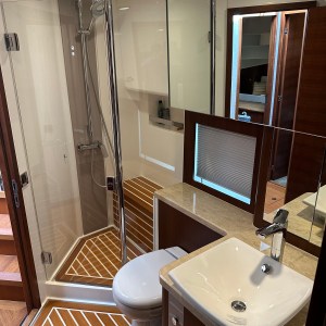 Modern bathroom with glass shower, white sink, toilet, and wood accents on floor and platform.