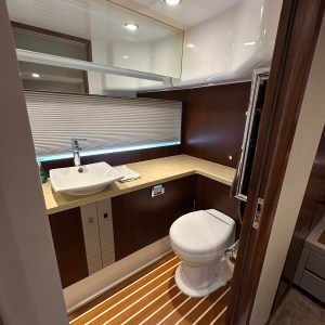 Modern bathroom with wood accents, a sink, and a toilet.