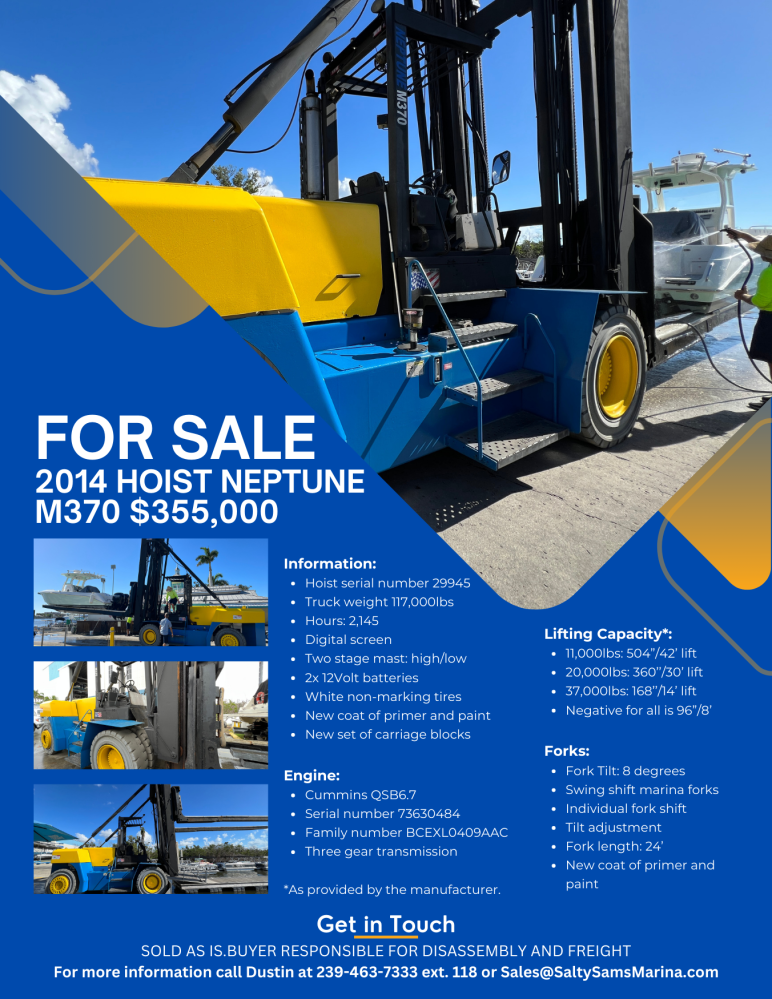 Advertisement for 2014 Hoist Neptune M370 for sale, featuring details and contact information.